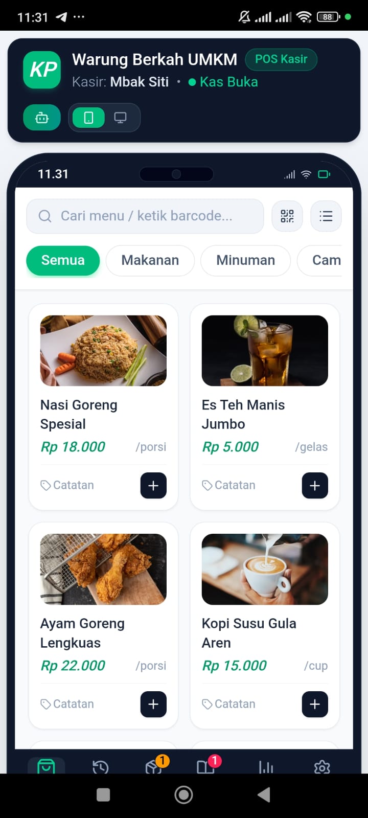 Tampilan halaman kasir aplikasi: daftar menu makanan dan minuman beserta harga